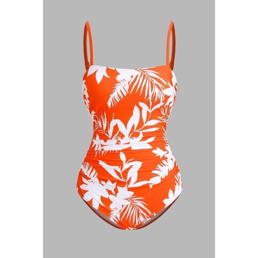 Tropical Floral Print Strappy Back One Piece Swimsuit Size M